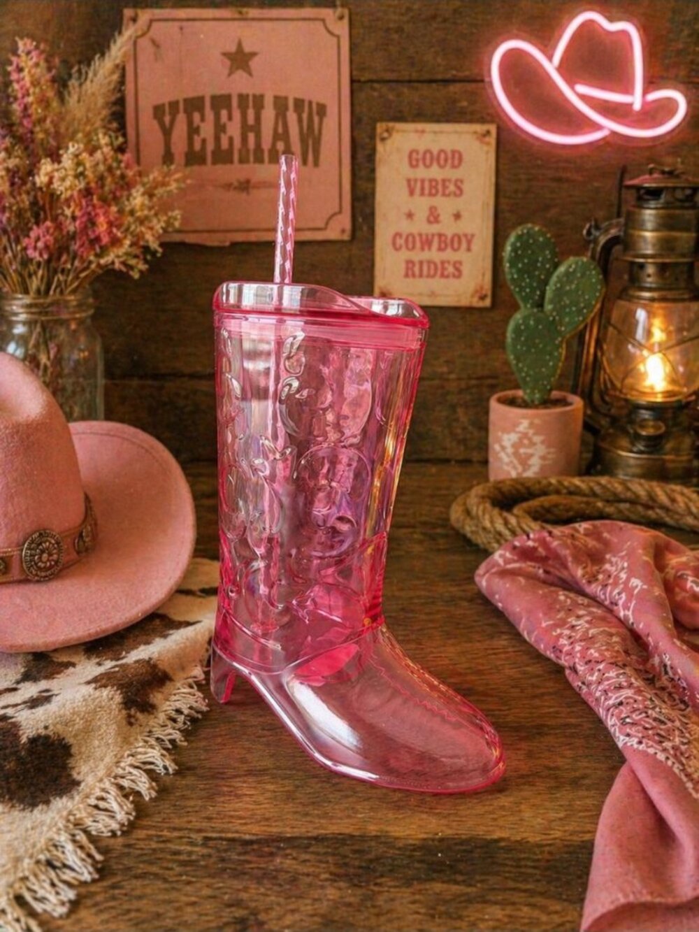 New Pink Cowboy Boot Tumbler Cup w/ Straw Western Water Bottle Drink Cup